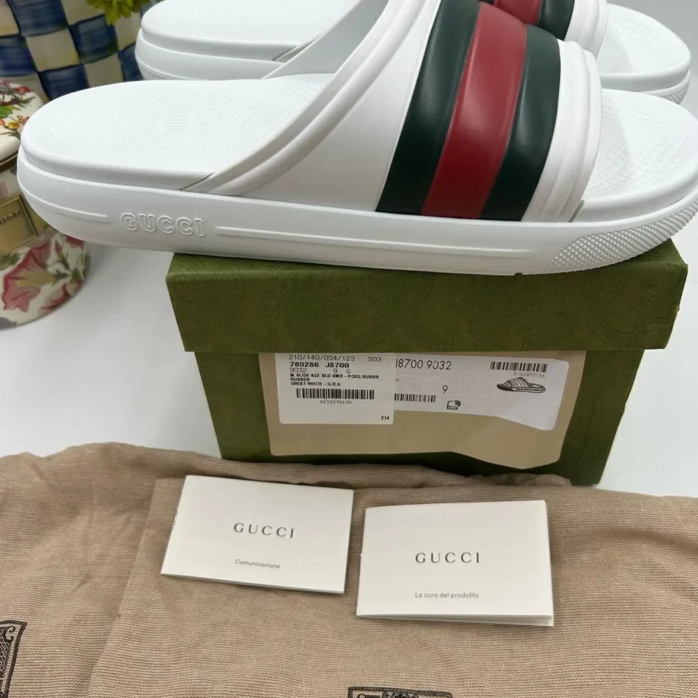 Men's Gucci ace web striped rubber, Pool slides size 9, made in Italy